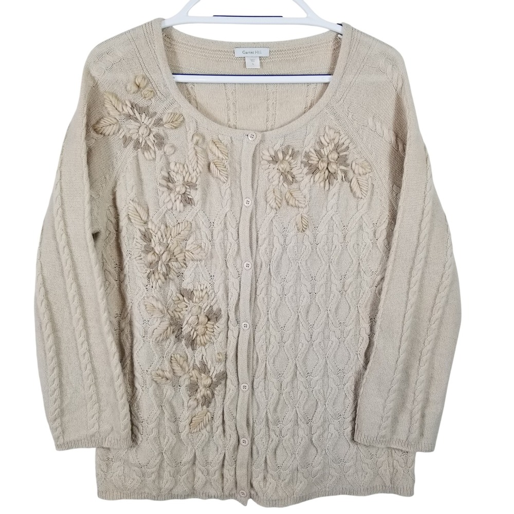 Garnet Hill Women L Lambswool Cable Knit Embroidered Floral Cardigan Sweater Tan